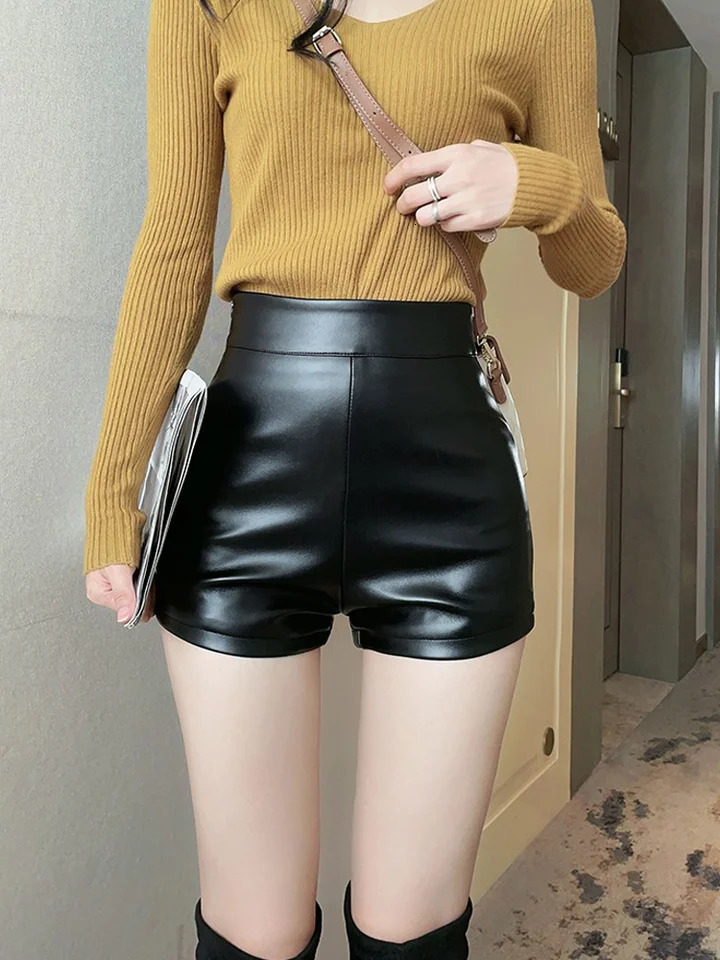 PU leather high waisted shorts womens ultra-thin shorts bottom tight shorts hip tight shorts 241206