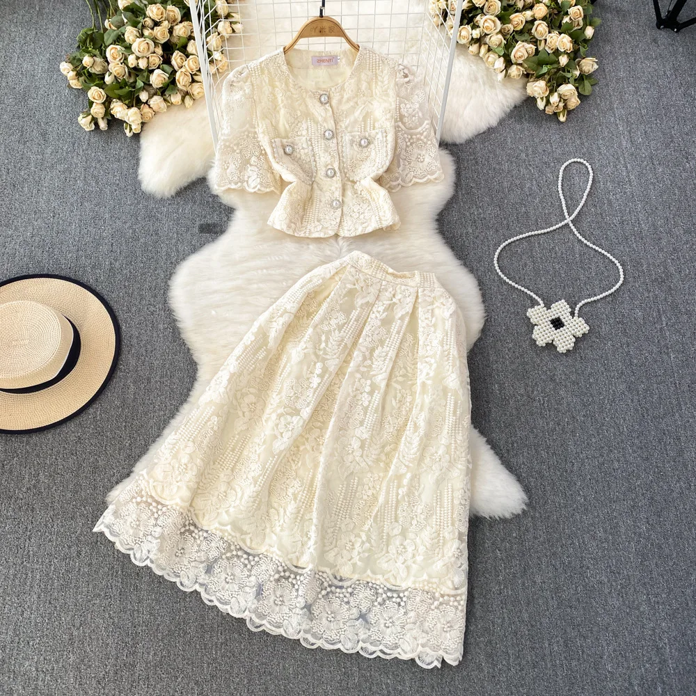 Dress 2025 Designer Summer Holiday Wer Embroidery Lace Two Piece Women Sets Pearls Button Jacket Tops Midi Long Skirts Suits