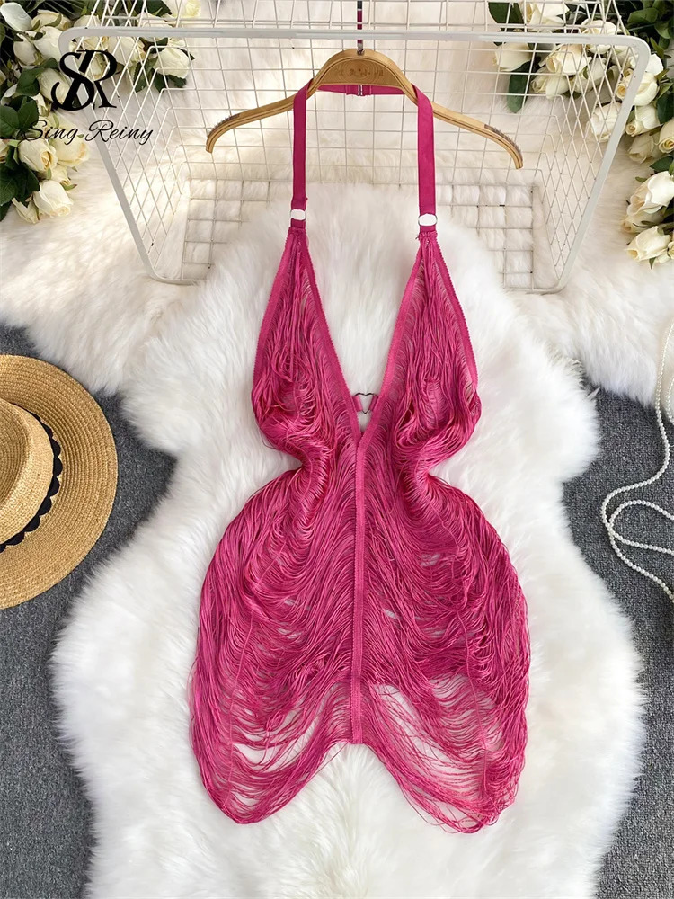 Singreiny Fashion Tassel Sheer Sexy Dress Halter Deep Vneck Hollow Transparent Beach Y2K Sex Nightclub 241206