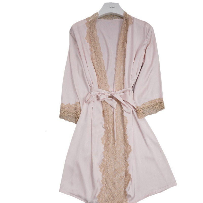 2025 fashion Designer s new sexy lace solid color bathrobe women s summer thin version single ice silk
