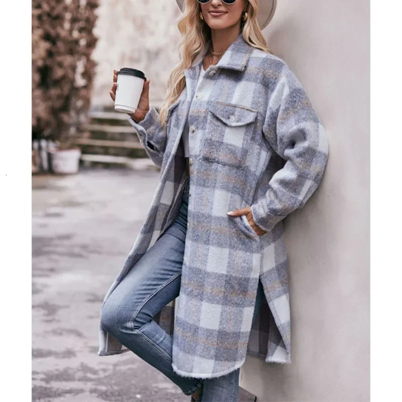 2023 Autumn and Winter Elegant Fashionable Polo Collar Stripe Spliced Temperament Loose Womens Long Plaid Coat 241202