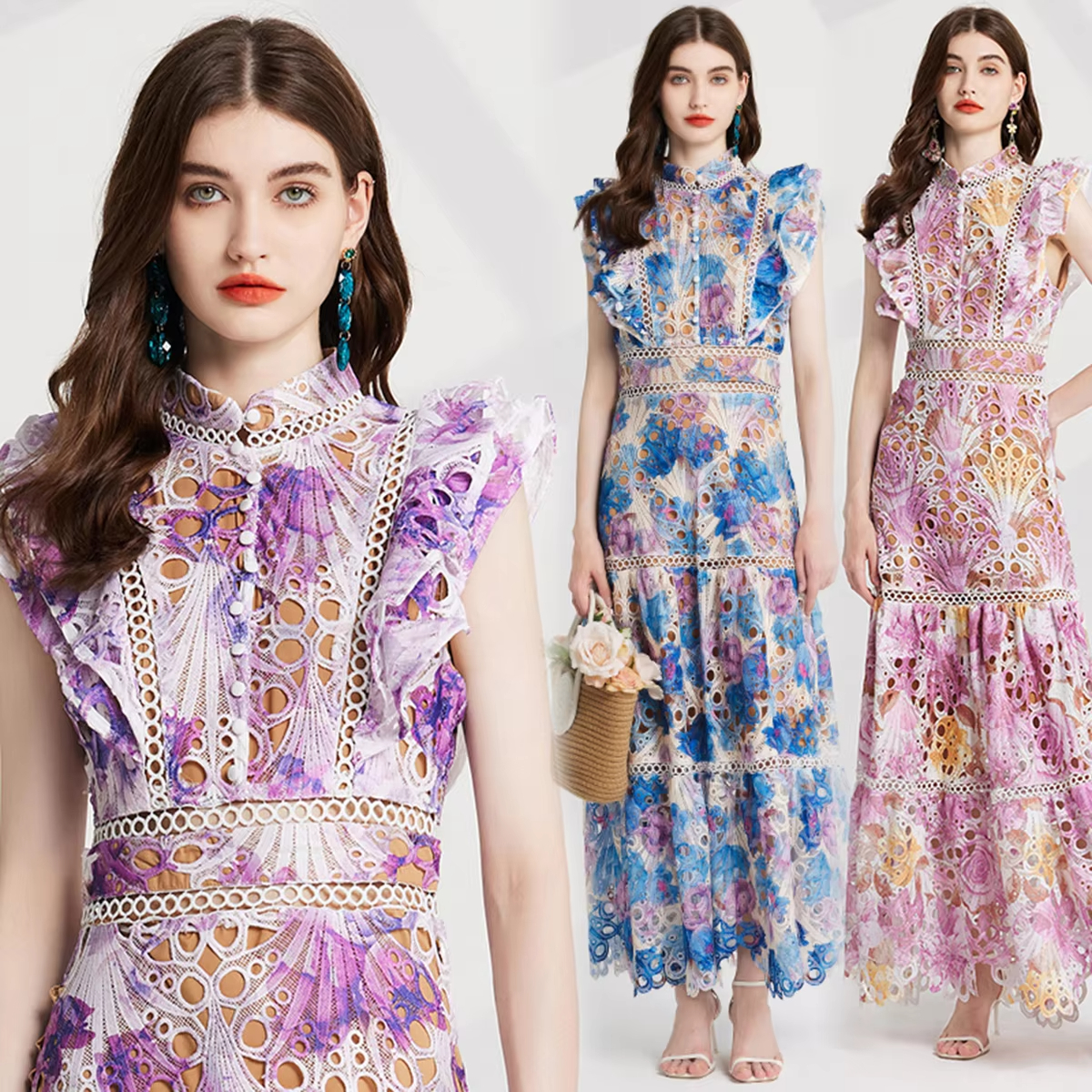 Basic Casual Dresses Summer Autumn Flower Embroidery Maxi Wedding Dress Women Flare Ruffles Sleeve Neck Colorful Long Robe Party Evening Vestidos