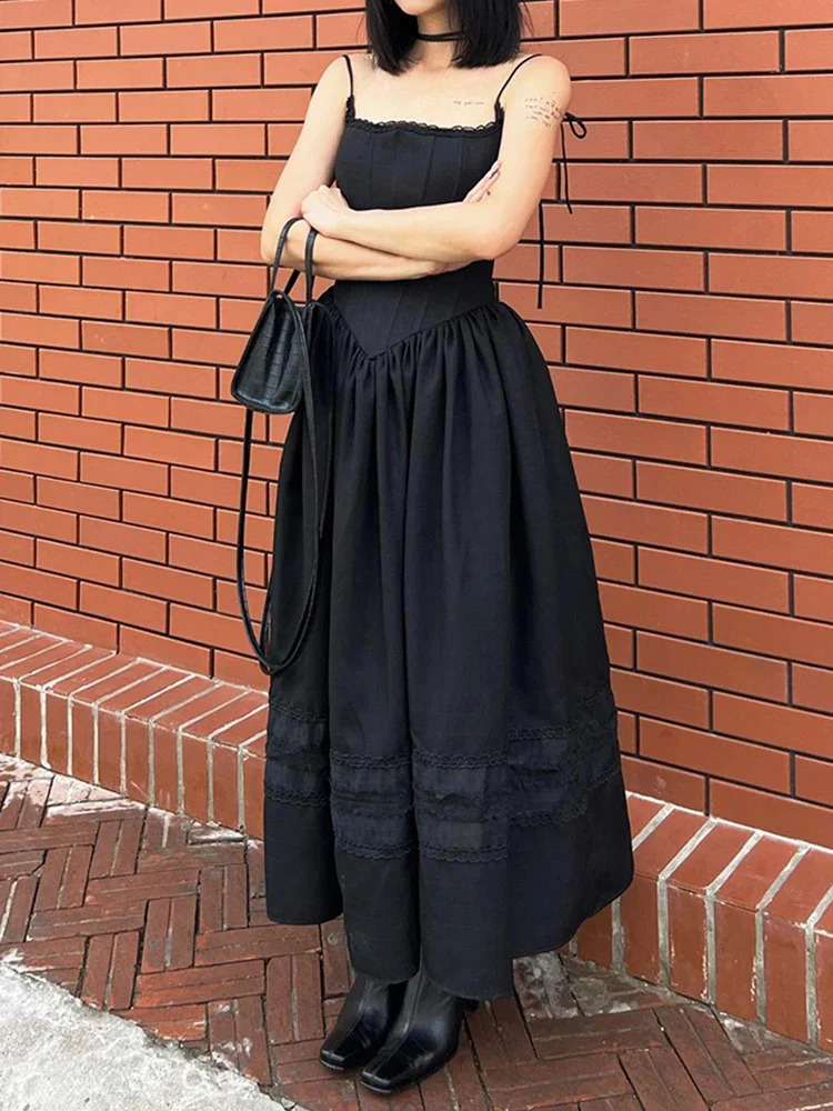 Black lace pleated dress decoration A-Line spaghetti strap backless retro punk long dress for womens night dance Korean Gothic sun dress 241205