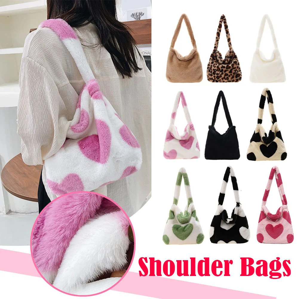 Womens Bag Plush Leopard Love Heart Pattern Underarm Shoulder Autumn Winter Ladies Large Capacity Shopper Tote Handbags 241213