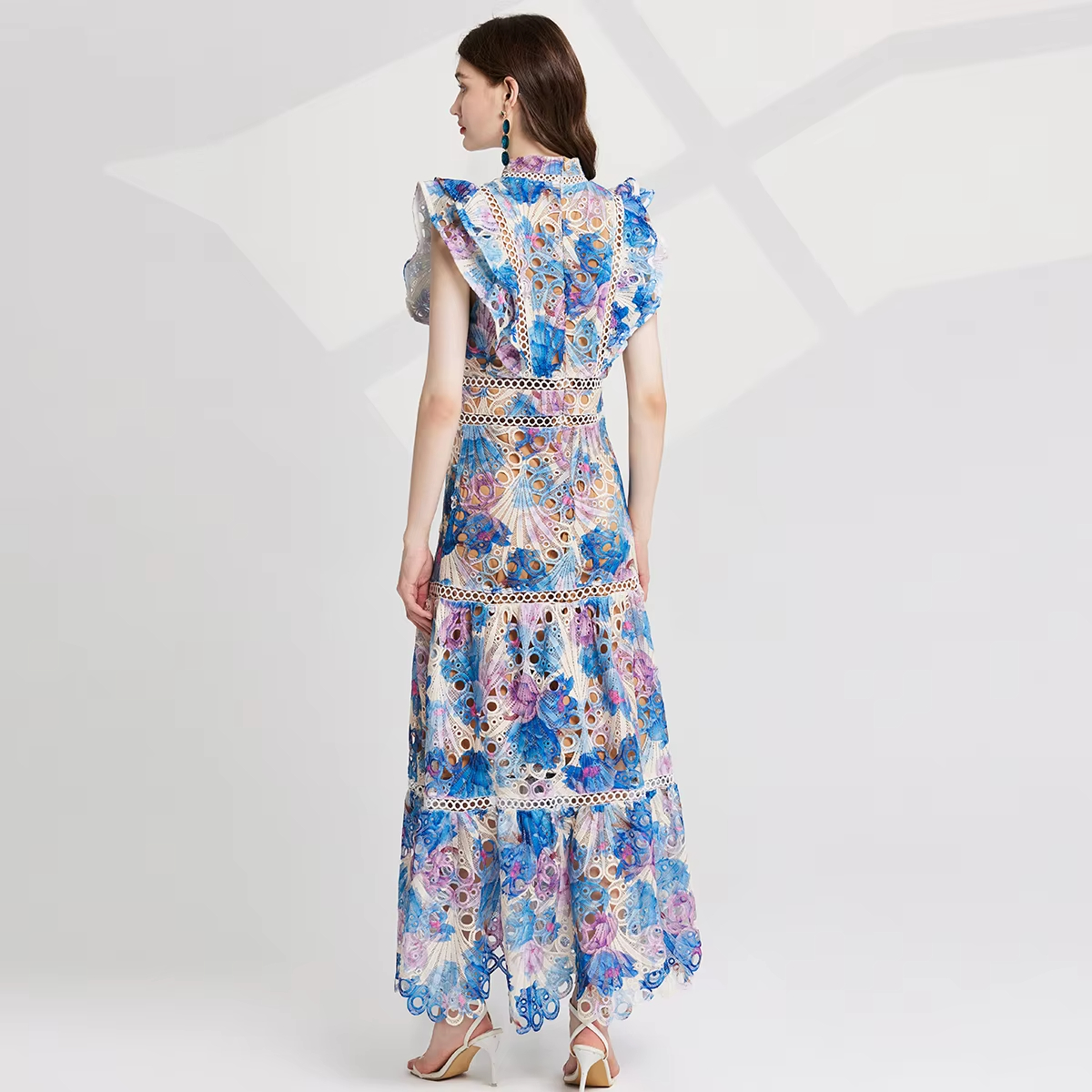Basic Casual Dresses Summer Autumn Flower Embroidery Maxi Wedding Dress Women Flare Ruffles Sleeve Neck Colorful Long Robe Party Evening Vestidos