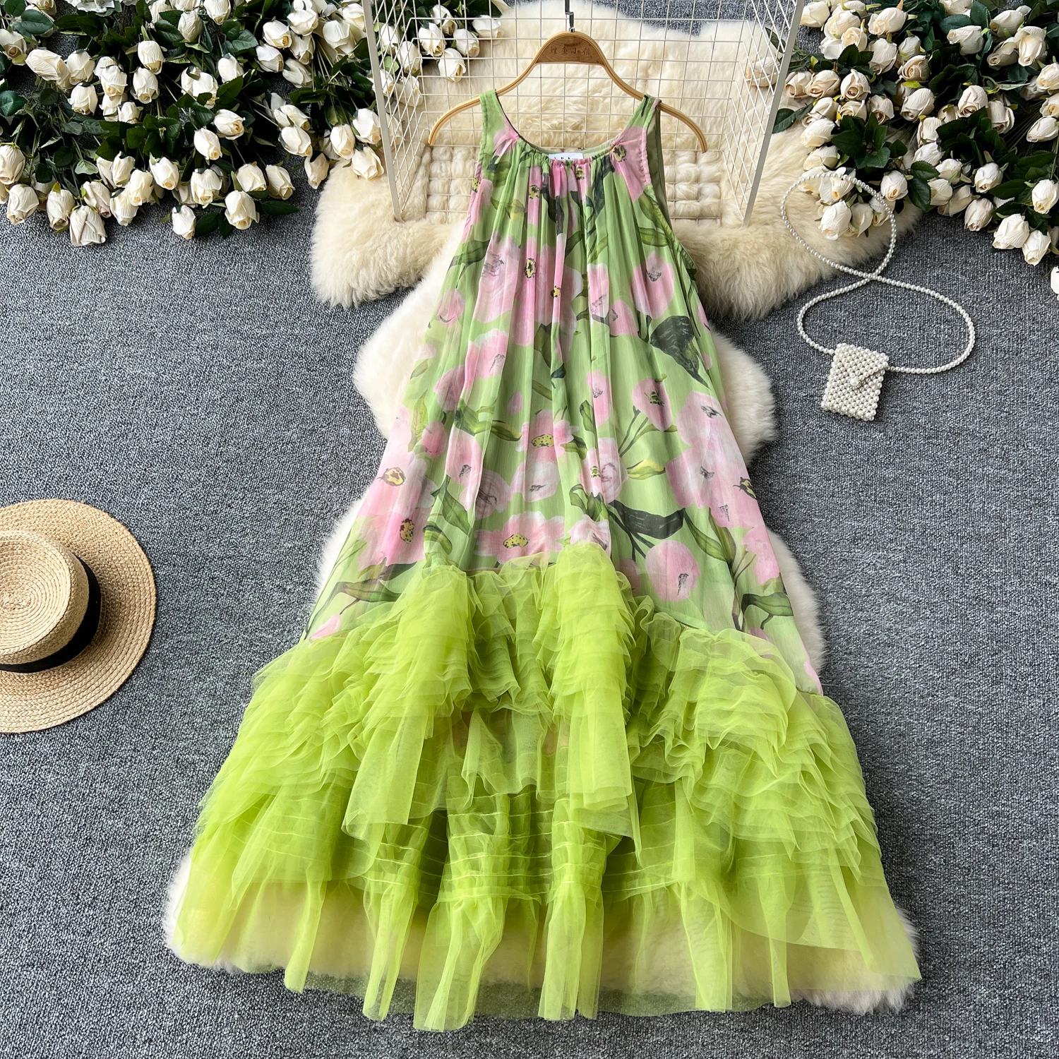 Basic Casual Dresses French Vintage Print Dress Women O-Neck Spaghetti Strap Mesh Splice Irregular Ruffles Beach Fashion Ball Gown Dresses