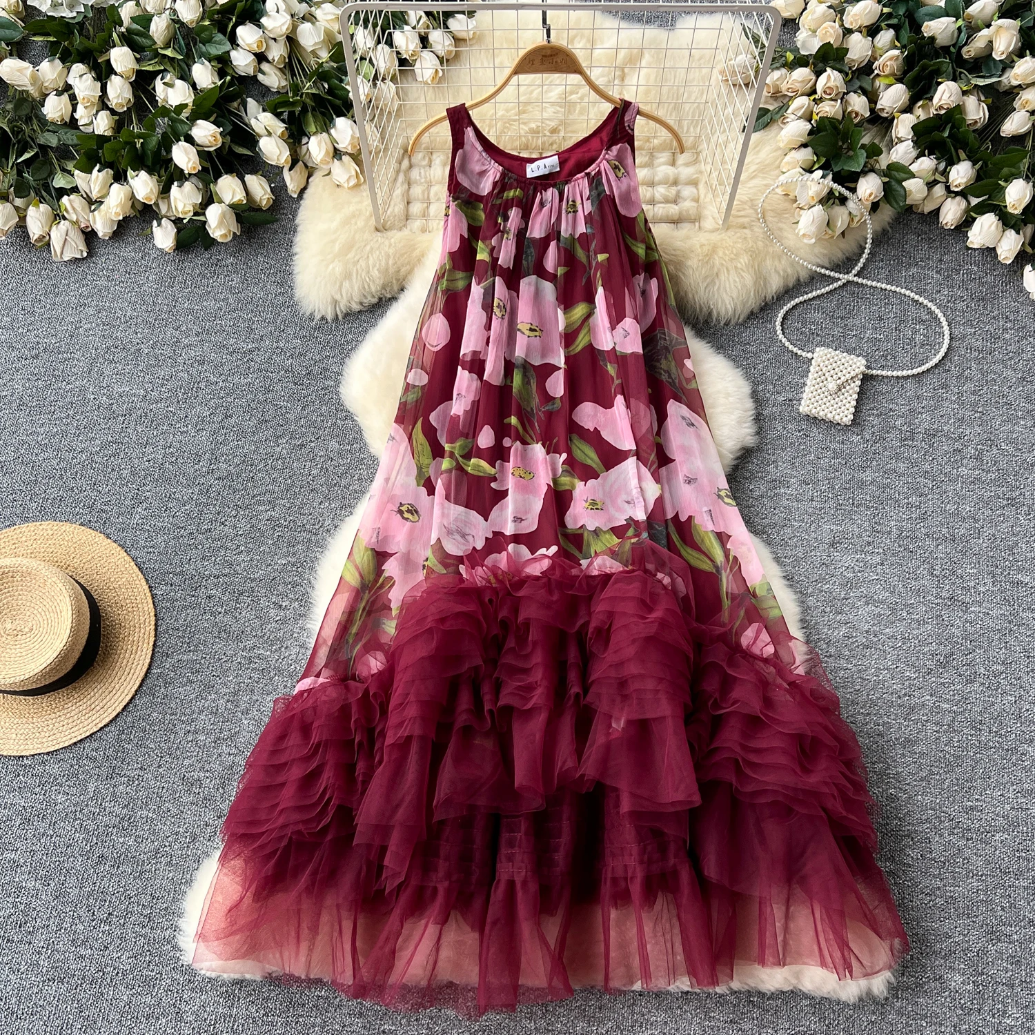 Basic Casual Dresses French Vintage Print Dress Women O-Neck Spaghetti Strap Mesh Splice Irregular Ruffles Beach Fashion Ball Gown Dresses