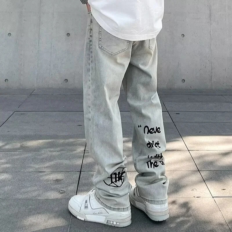 American Gothic Letter Mens Bag Jeans Y2K Retro Harajuku Straight Cowboy Hip Hop Fashion Printed Jeans Mens Pants 241204
