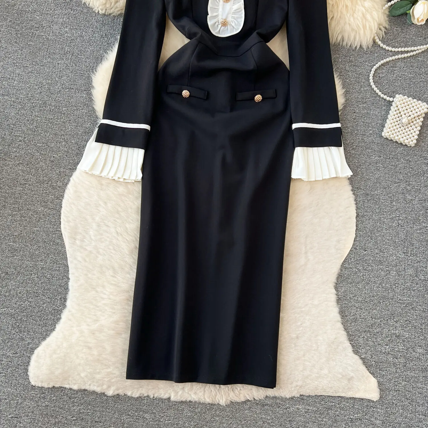 Casual Dresses French Hepburn Style Autumn Winter Dress Women's Black White Ruffles Long Sleeve Midi Vestidos Office Lady 2025
