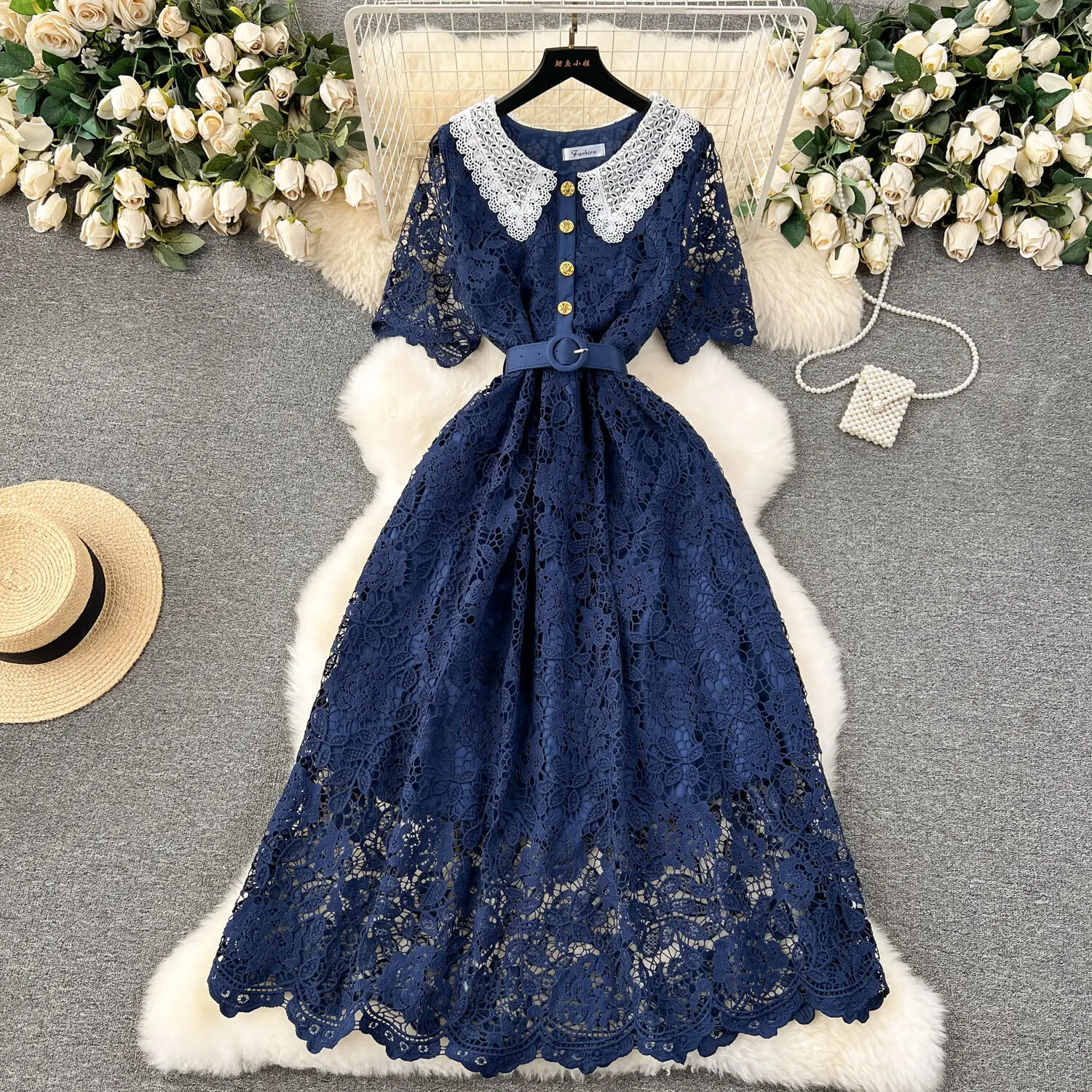 Basic Casual Dresses Vintage Summer Autumn Lace Evening Long Dress Women Short Sleeves Single Breasted Peter Pan Collar Midi Vestidos Party Robe 2025
