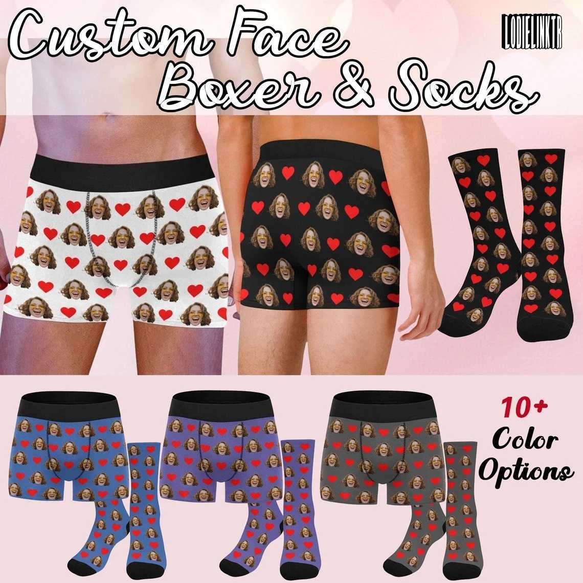 Customized mens facial boxing underwear and socks personalized facial underwear gifts Valentines Day gifts heart-shaped socks X241207