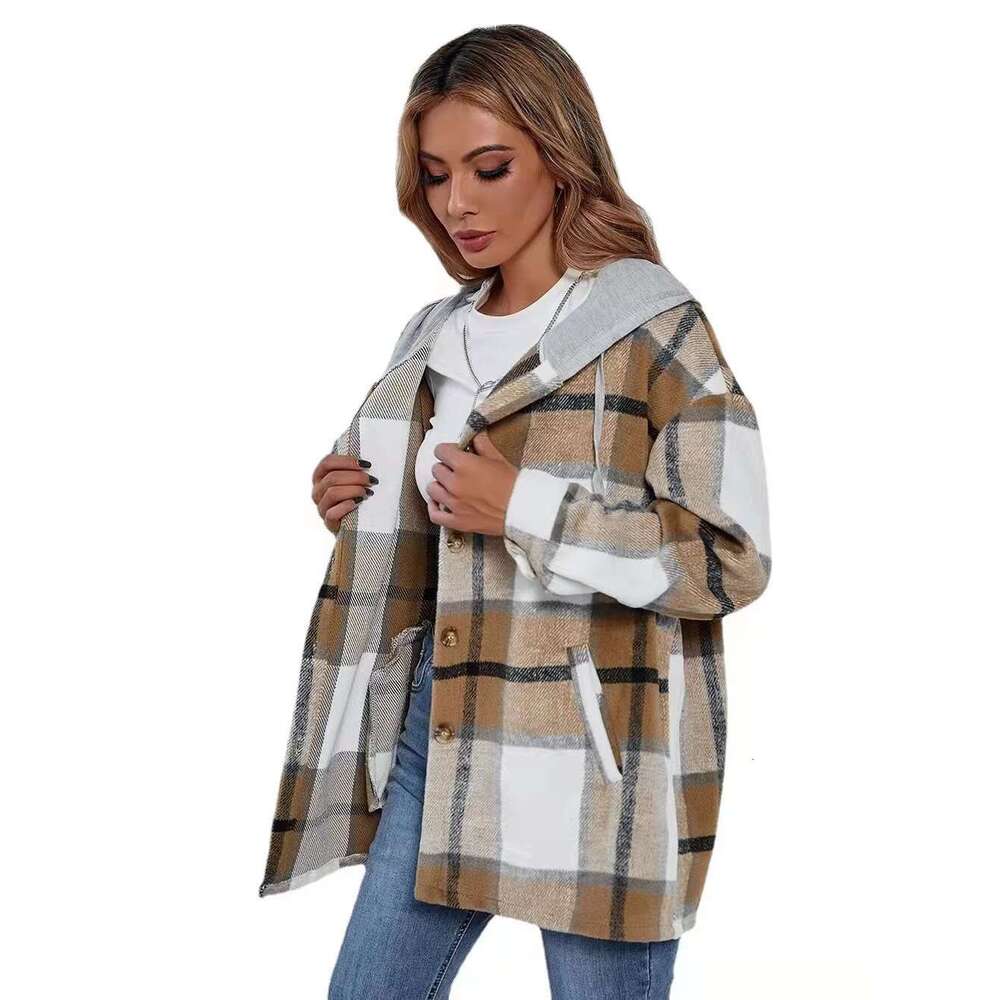 European American autumn winter plaid flannel woolen hooded jacket for women, 2024 new casual and versatile fashion clothing