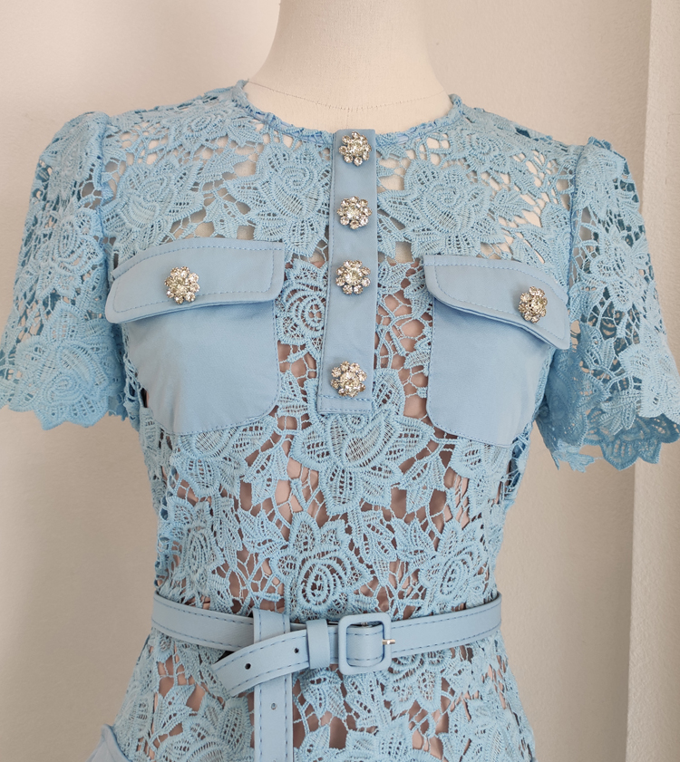 Basic Casual Women Dresses Summer Runway Hollow Out Flower Embroidery Lace Ruffles Mini Dress Womens O-Neck Diamonds Buttons Belt Party Short Vestidos