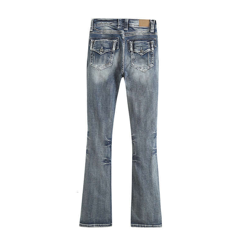 American style spicy girl retro slim fit heavy water washed old cat paw scratch flared jeans women's micro elastic mid waist pants 2024 new casua