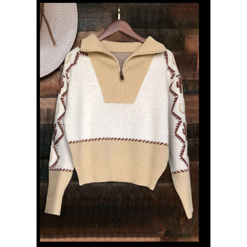 European American pullover loose print color blocked women's knitted sweater 2024 new style chic and elegant clothing