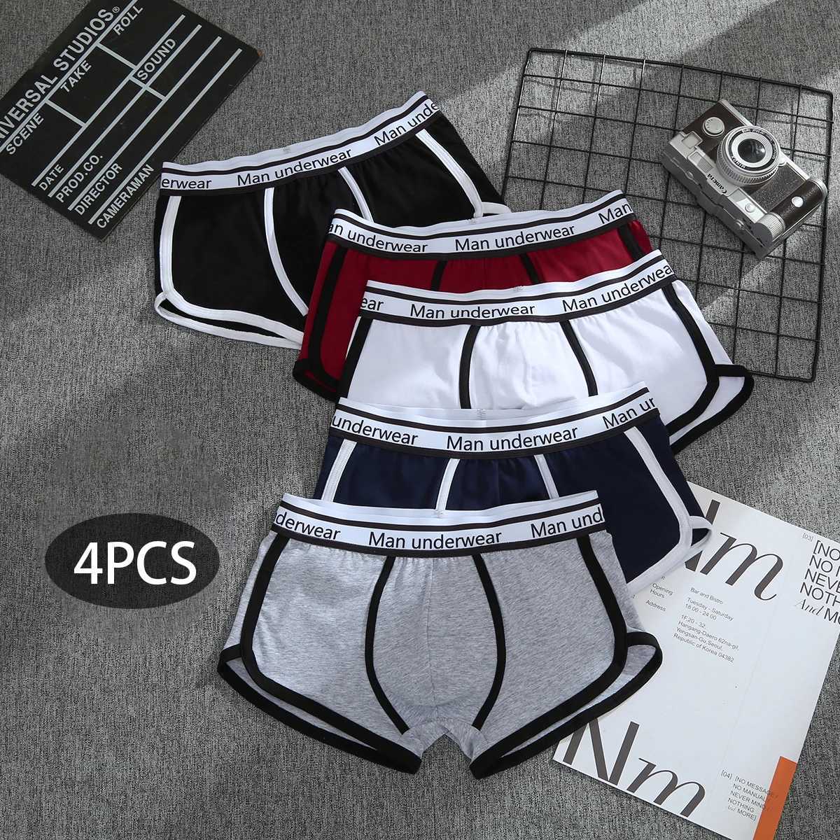 4 pieces of mens underwear cotton boxing shorts mens breathable mid waist underwear solid color boxing shorts mens fashion sexy S-XL X241207
