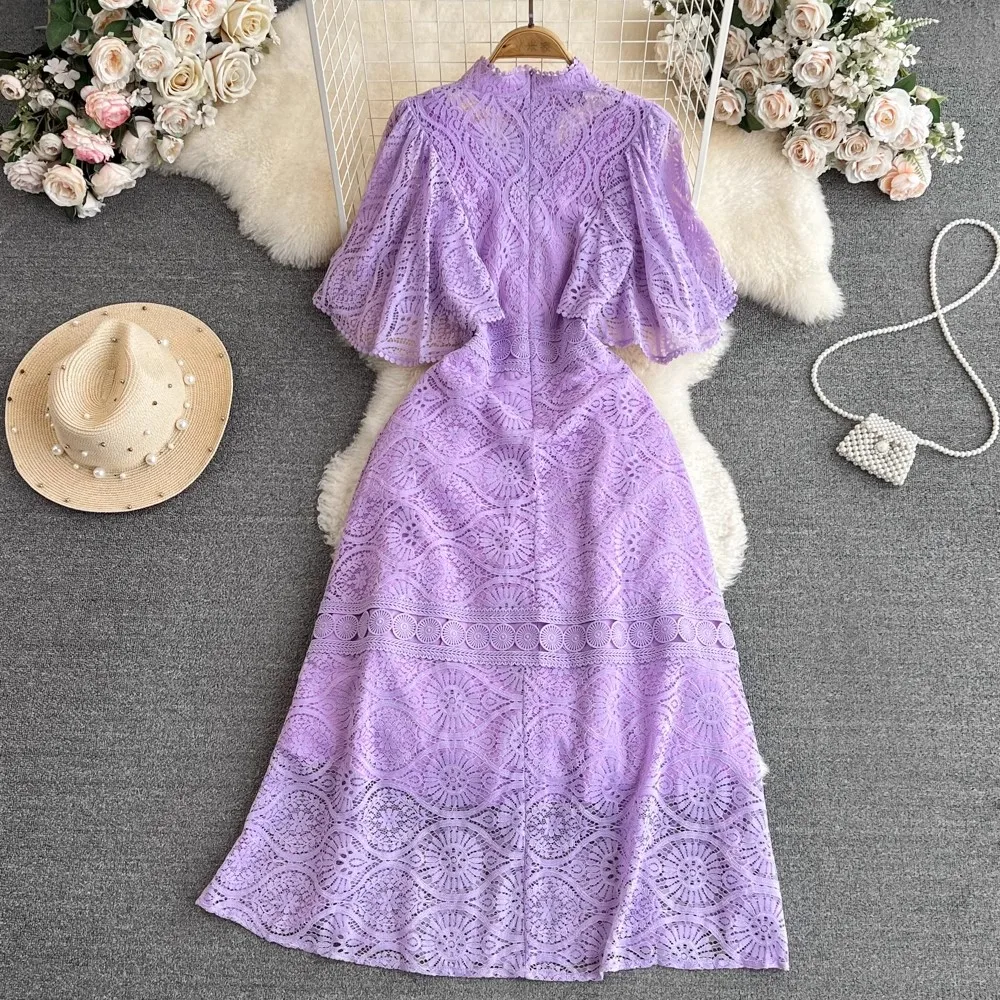 Casual Dresses Elegant Summer Lace Dress Women Crochet Flower Hollow Out French Purple Short Sleeve Party Midi Prom Evening Dresses