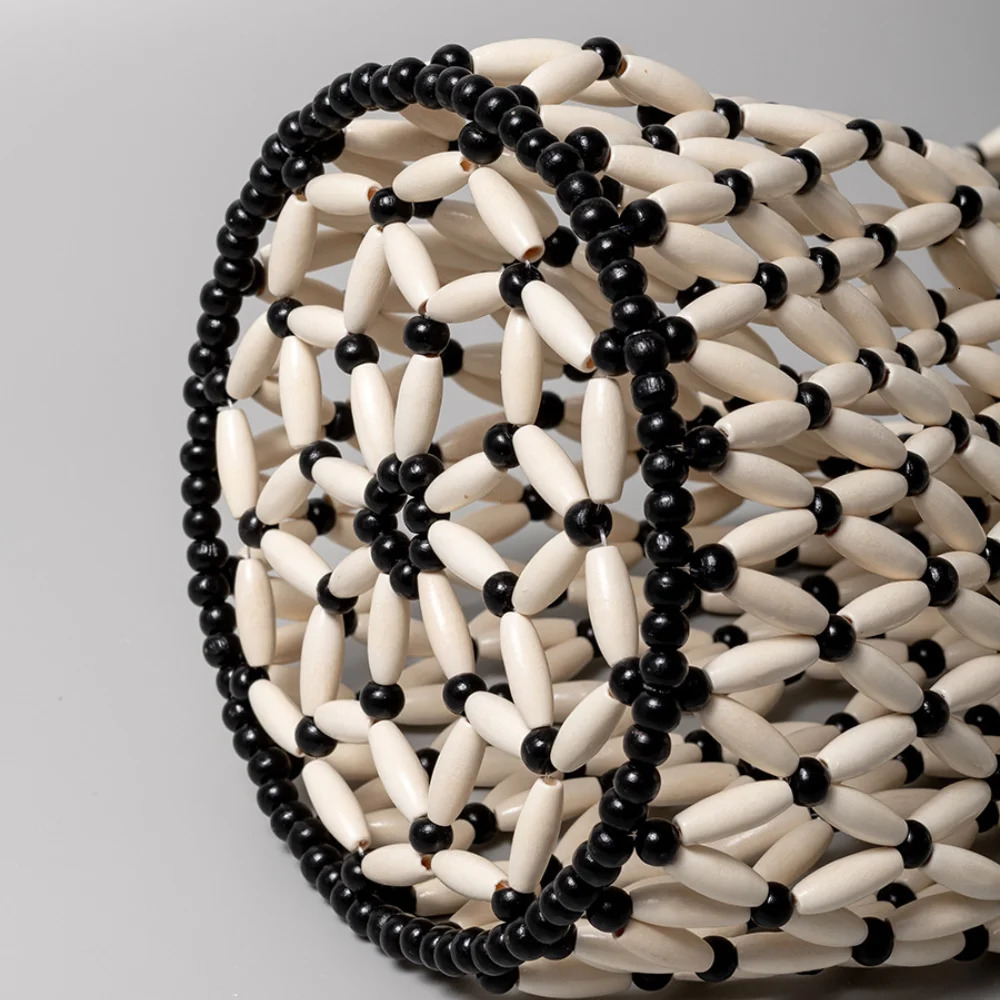 Women Woven hand bag summer n hollowout wooden bead tote bucket shoulder female Reticulate netted canvas beach handbag 241203