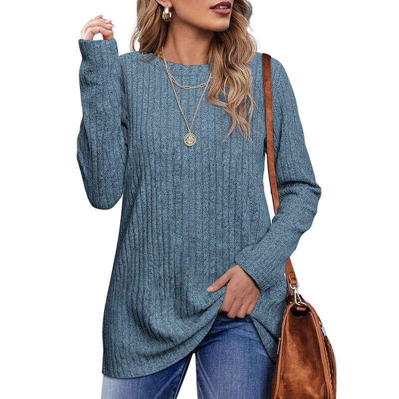 European American autumn and winter round neck brushed pit stripe solid color top long sleeved T-shirt for women 2024 temperament versatile new trendy