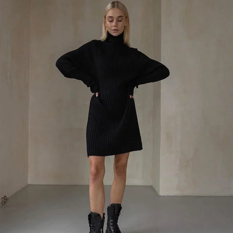 White turtle neck knitted dress for women winter and autumn oversized sweater fashionable long sleeved mini dress casual knitted dress 241206