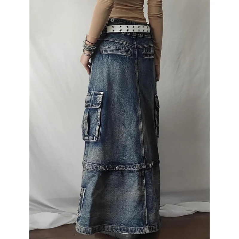 Autumn womens blue denim pocket half body skiing high waist casual Korean medium long bag retro straight denim long leather 241205