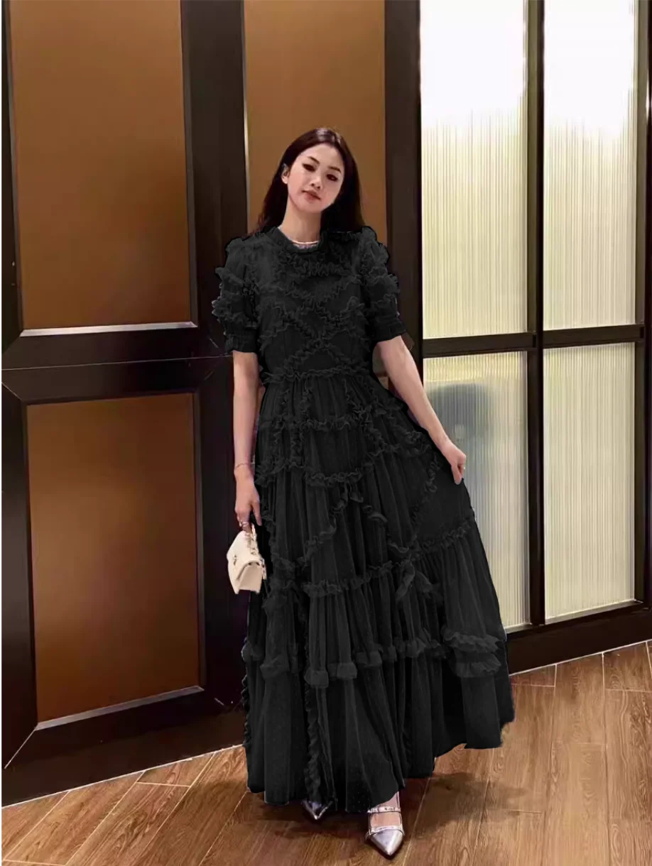 Basic Casual Dresses Summer Quality Vintage Summer Holiday Layers Ruffle Cake tulle Long Dress Women Blue Dots Elegant Party Evening Vestidos 2025