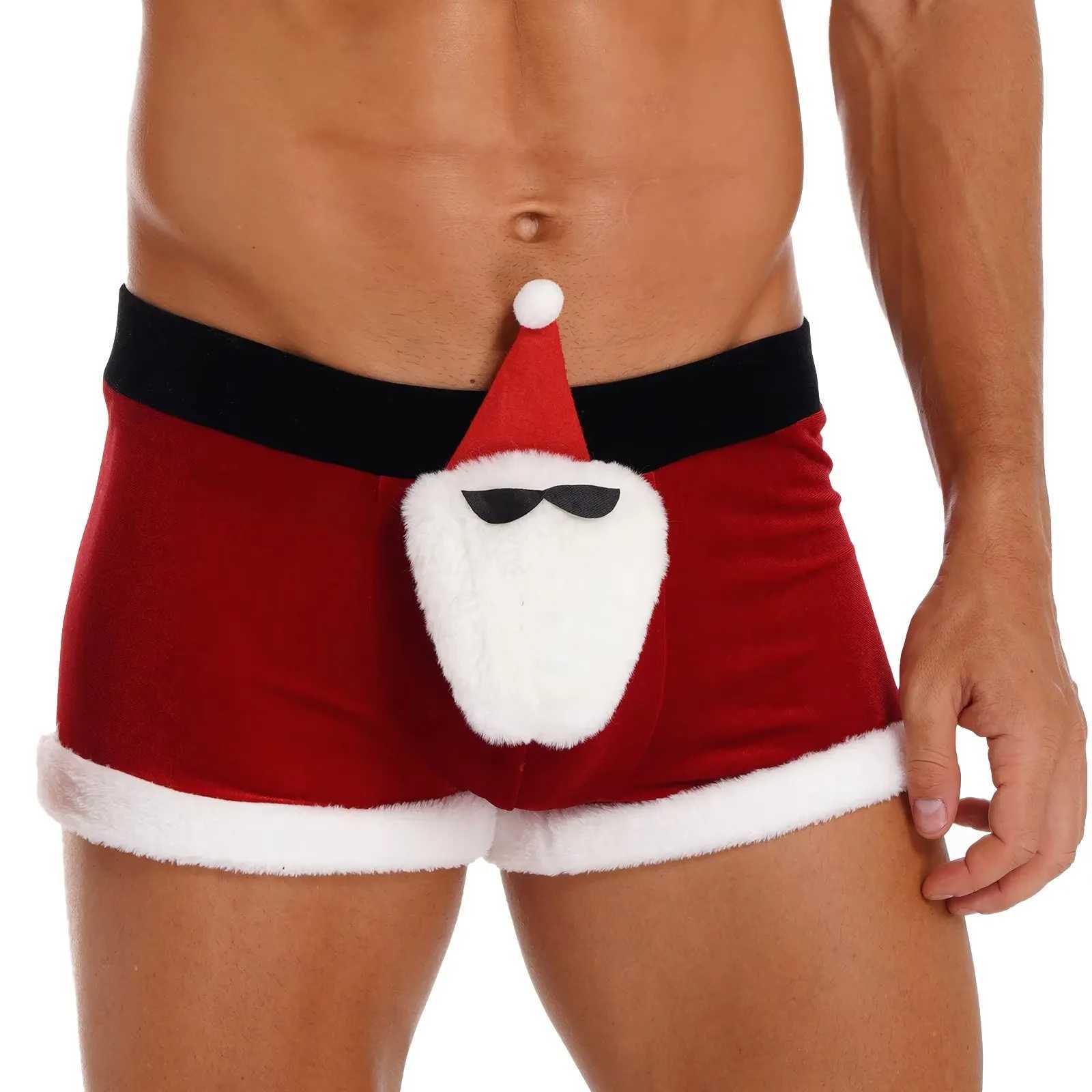 Mens Bow Velvet Boxer Briefing Christmas Holiday Santa Claus Theme Party Costume Fun Wide Elastic Belt Shorts Underwear X241207