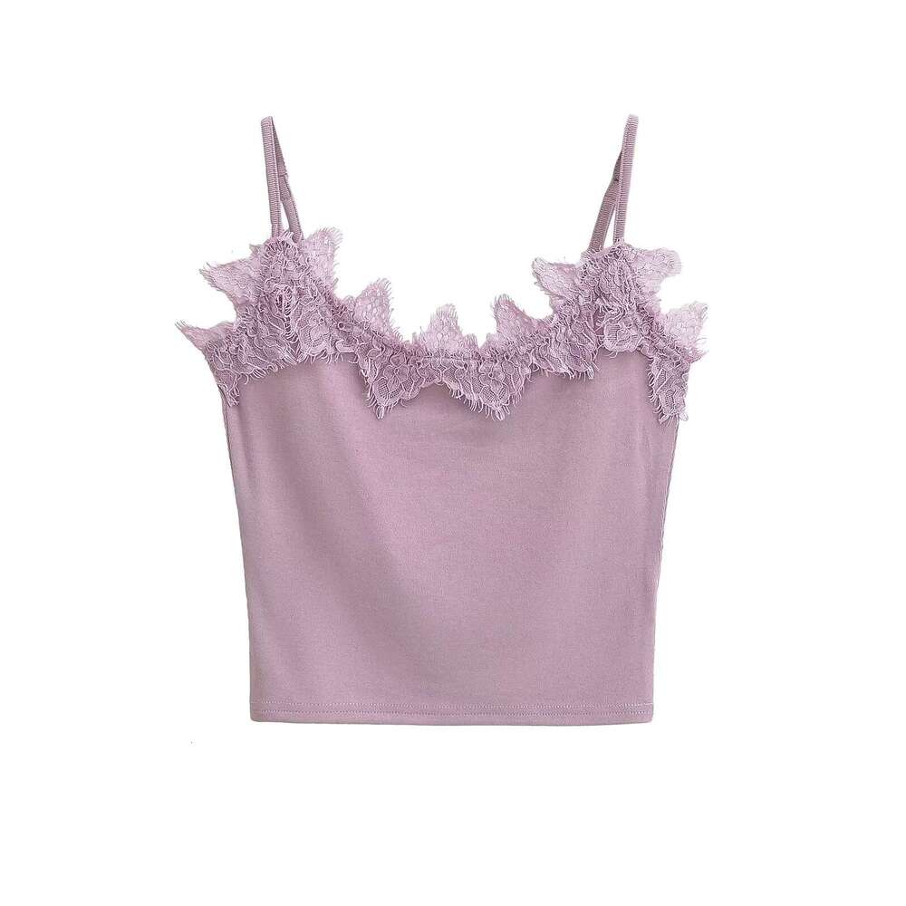 Spicy Girl Retro Lace Edge Bottom Small Women's Summer Elastic Slimming Short Strap Tank Top Trendy 2024 New Style Stylish and Elegant Clothing