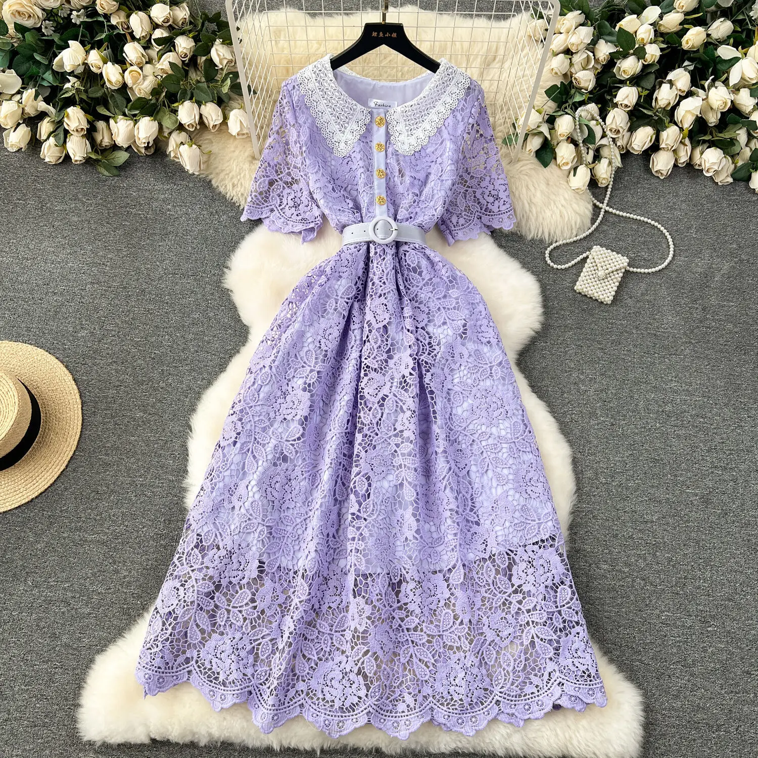 Basic Casual Dresses Vintage Summer Autumn Lace Evening Long Dress Women Short Sleeves Single Breasted Peter Pan Collar Midi Vestidos Party Robe 2025