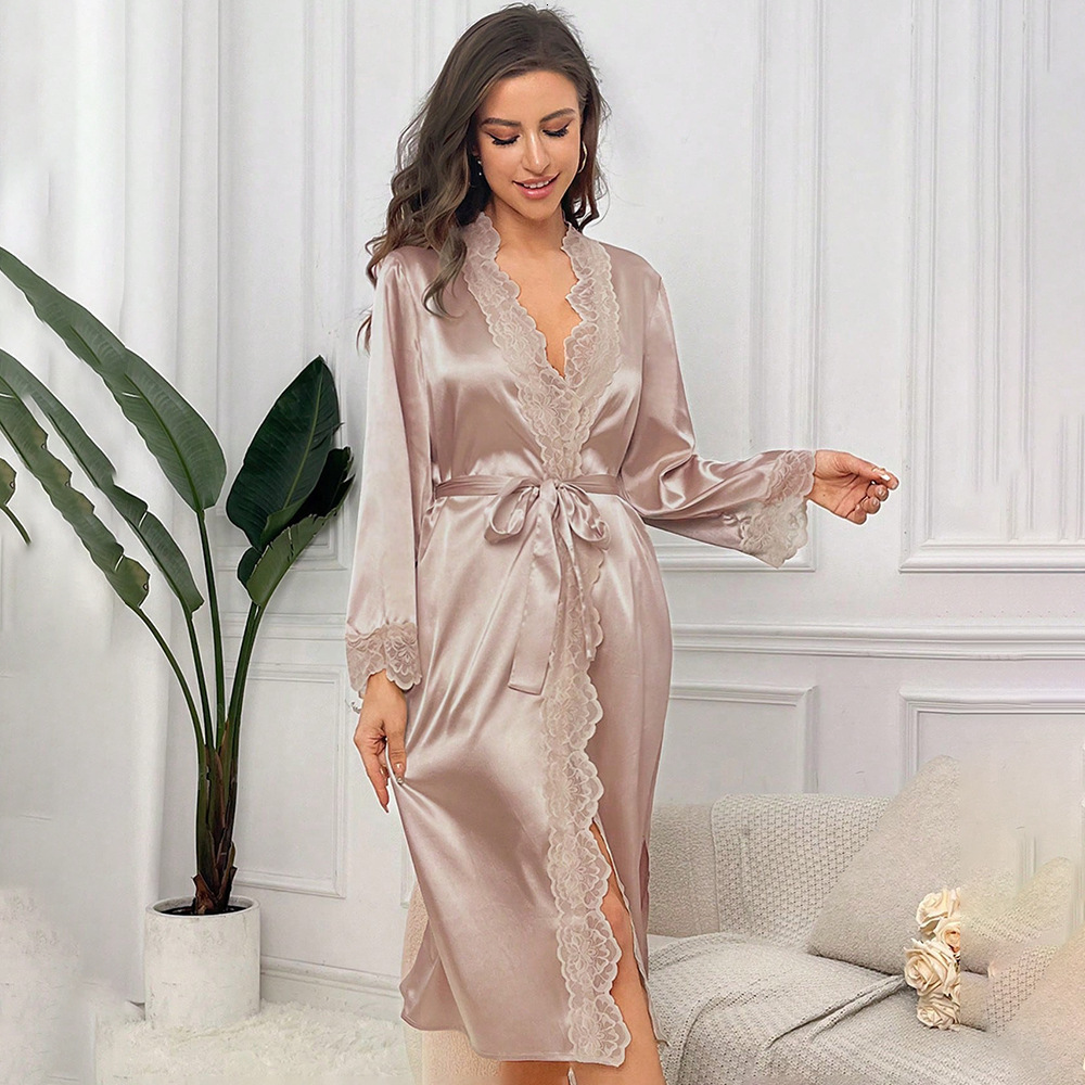 2025 Designer s new high quality satin sleepwear lace light luxury long sleeved cool trend nightgown bathrobe home wear women s sexy erotic bathrobe