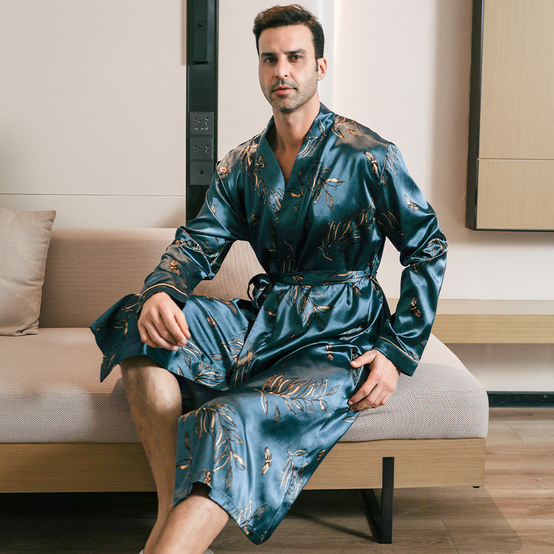 2025 fashion Designer s new spring and autumn men s thin ice long sleeved pajamas summer cool simulation silk home clothes plus size bathrobe