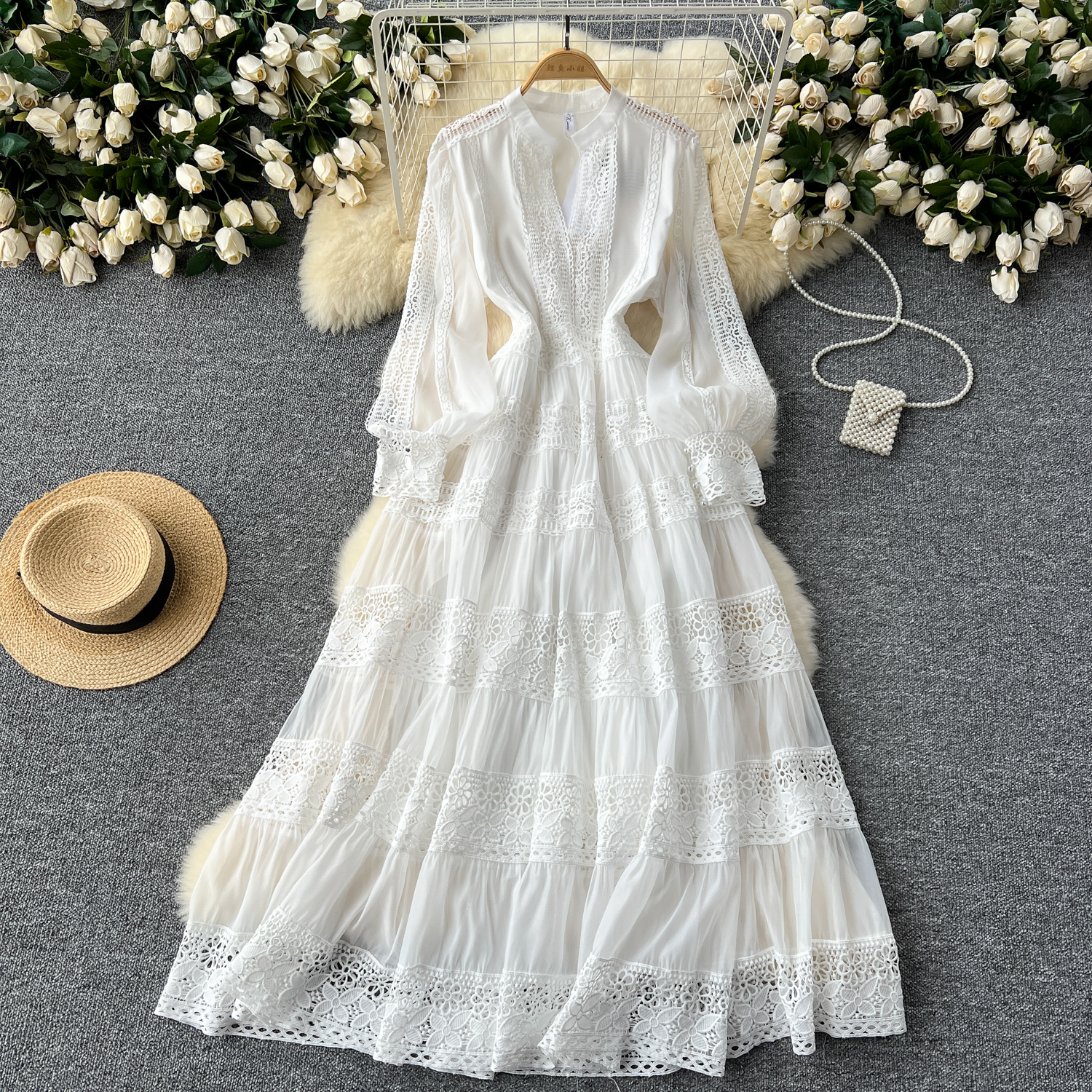 Casual Dresses Women Spring Holiday Hollow Out Embroidery Lace Splice Long Dress Women's V Neck Lantern Sleeve Zipper Evening Party Robe Vestidos