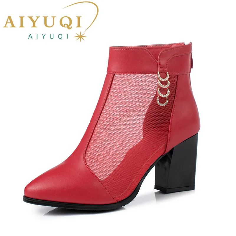 AIYUQI Women Summer Boots Women Mesh Boots Genuine Leather with Heels Rhinestone Fashion Hollow Mesh Wedding Shoes