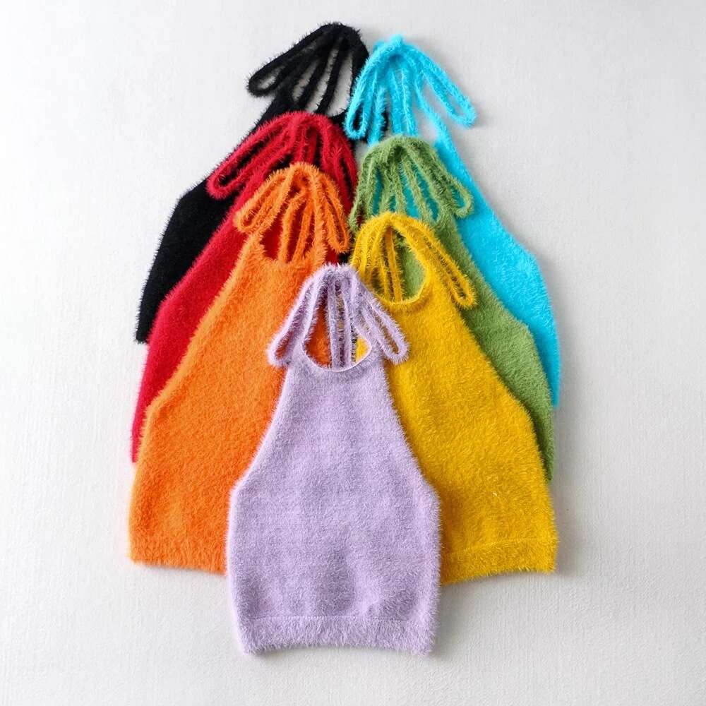 European and American INS sexy slim fit neck tied plush vest for women with backless knitted camisole 2024 new casual fashion trend clothing