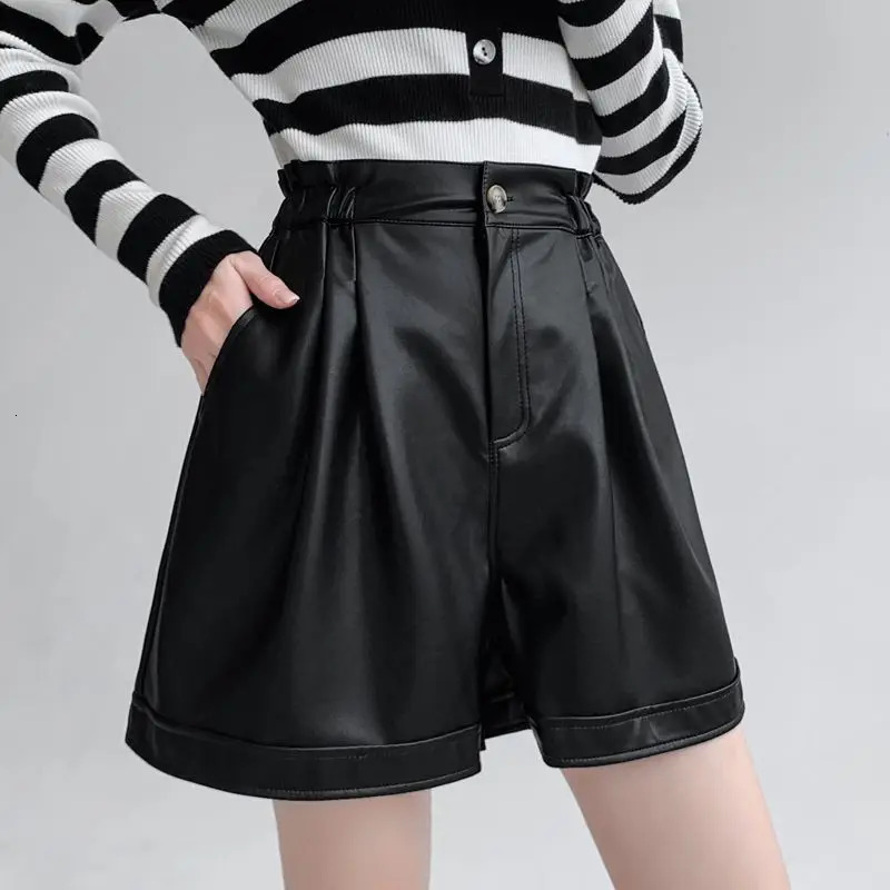 Autumn fashion button solid color high waist wide leg pants womens clothing simple pleated pocket shorts womens pants 241206
