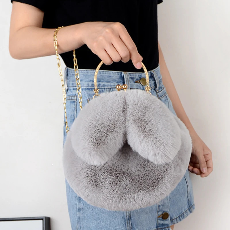 Womens handbag fashionable and simple plush chain bag shoulder cross zipper buckle rabbit ear 241206