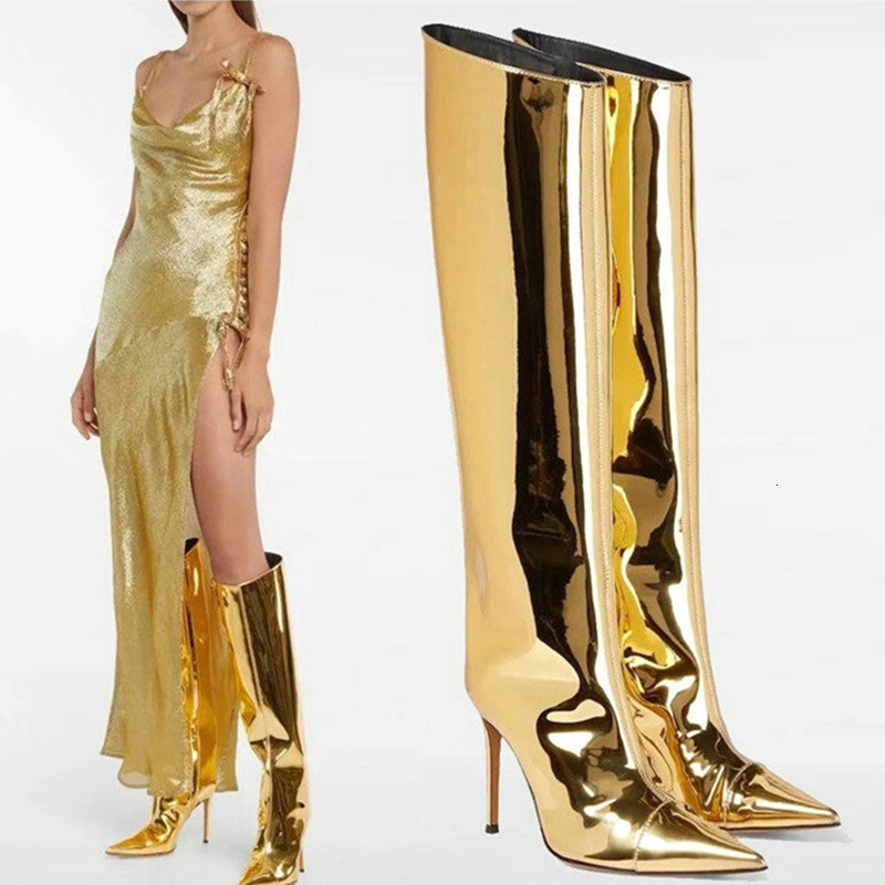 2024 Women's Trend Gold And Sier Patent Leather High Heel Straight Boots Runway To Perform Single Boot