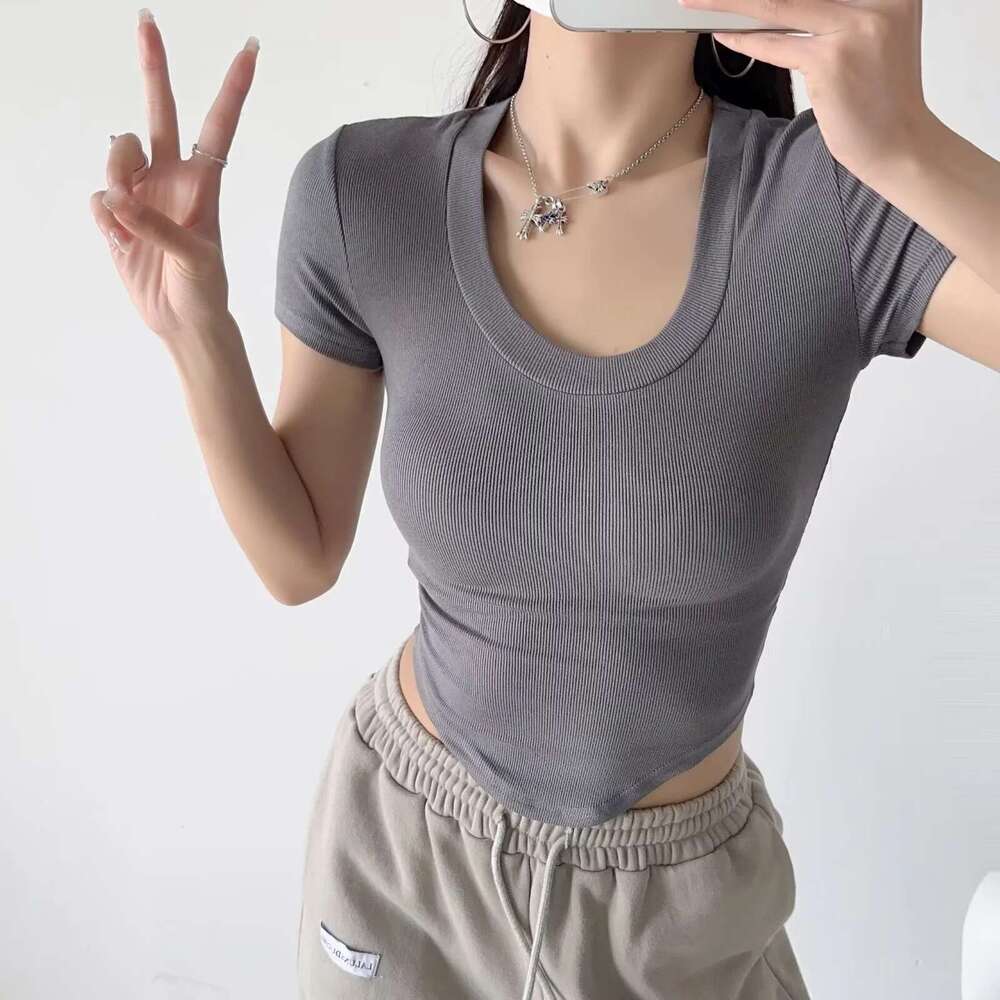 Wide round neck slim fit curved edge T-shirt for women in summer 2024, 12 color elastic tight fit, slimming high waist short sleeved top, 2024 new sty