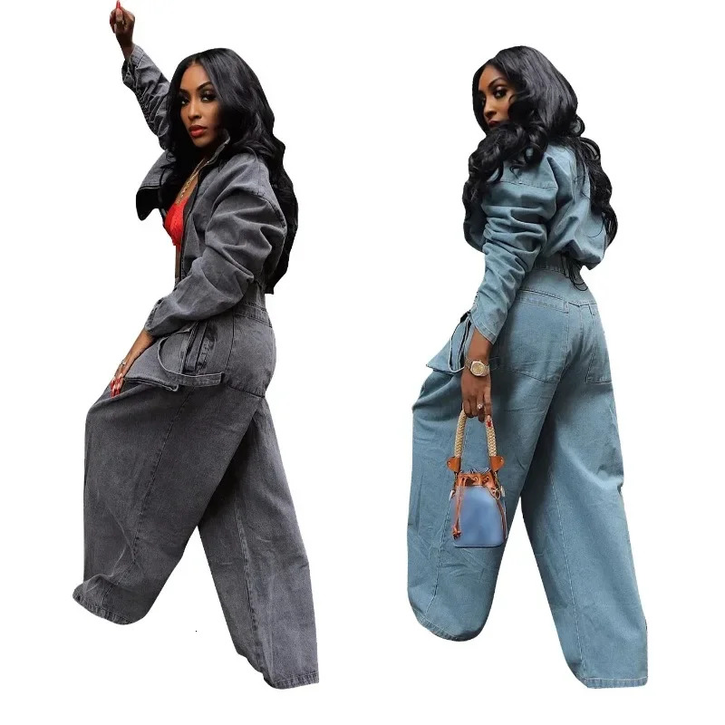 Casual Loose Denim Two Piece Set For Women Streetwear 2023 Autumn Zipper High Collar Crop Top Elastic Waist Wide Leg Cargo Pants