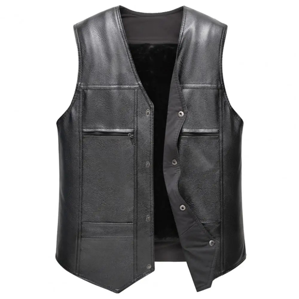 Winter Men Vest Stylish Faux Leather Motorcycle for Warm Autumn Jacket Single Breasted Vneck Coat 241202
