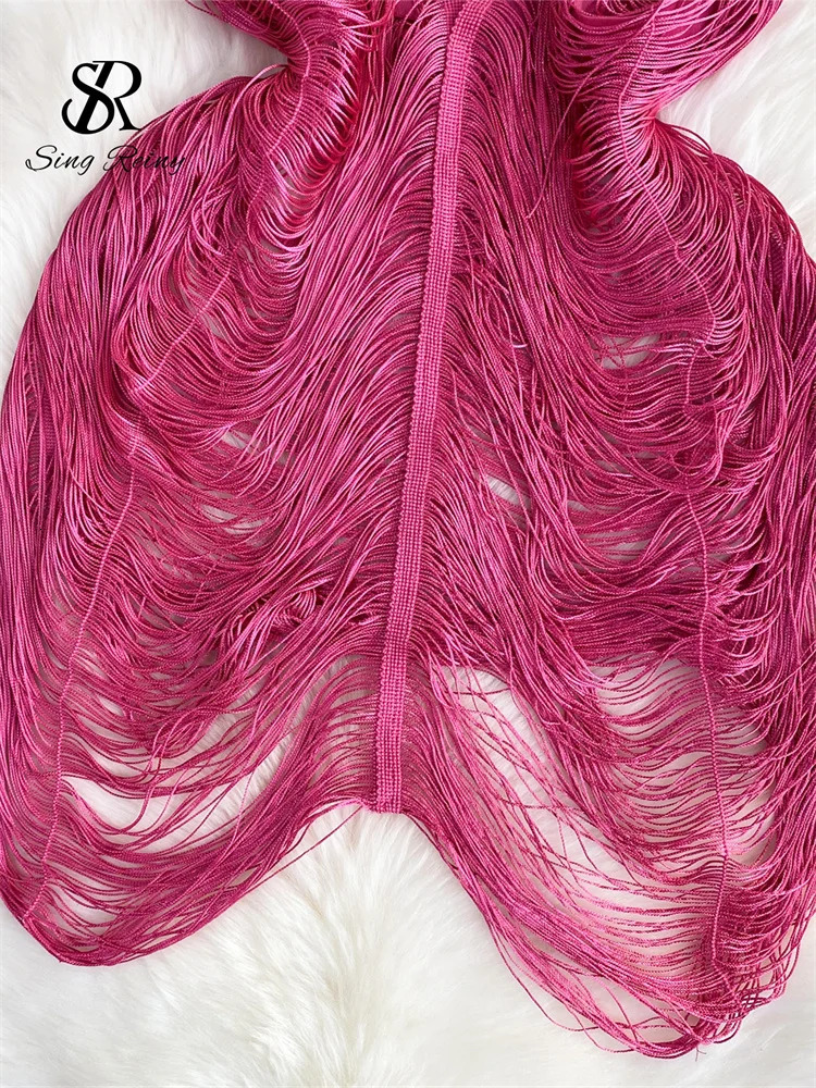 Singreiny Fashion Tassel Sheer Sexy Dress Halter Deep Vneck Hollow Transparent Beach Y2K Sex Nightclub 241206