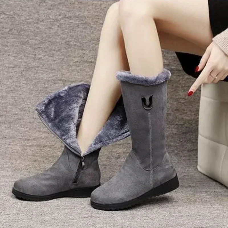 Fashionable womens warm Chelsea high wool leather boots 2024 midrange plush snow flat Zapatos Para Mujeres 241206