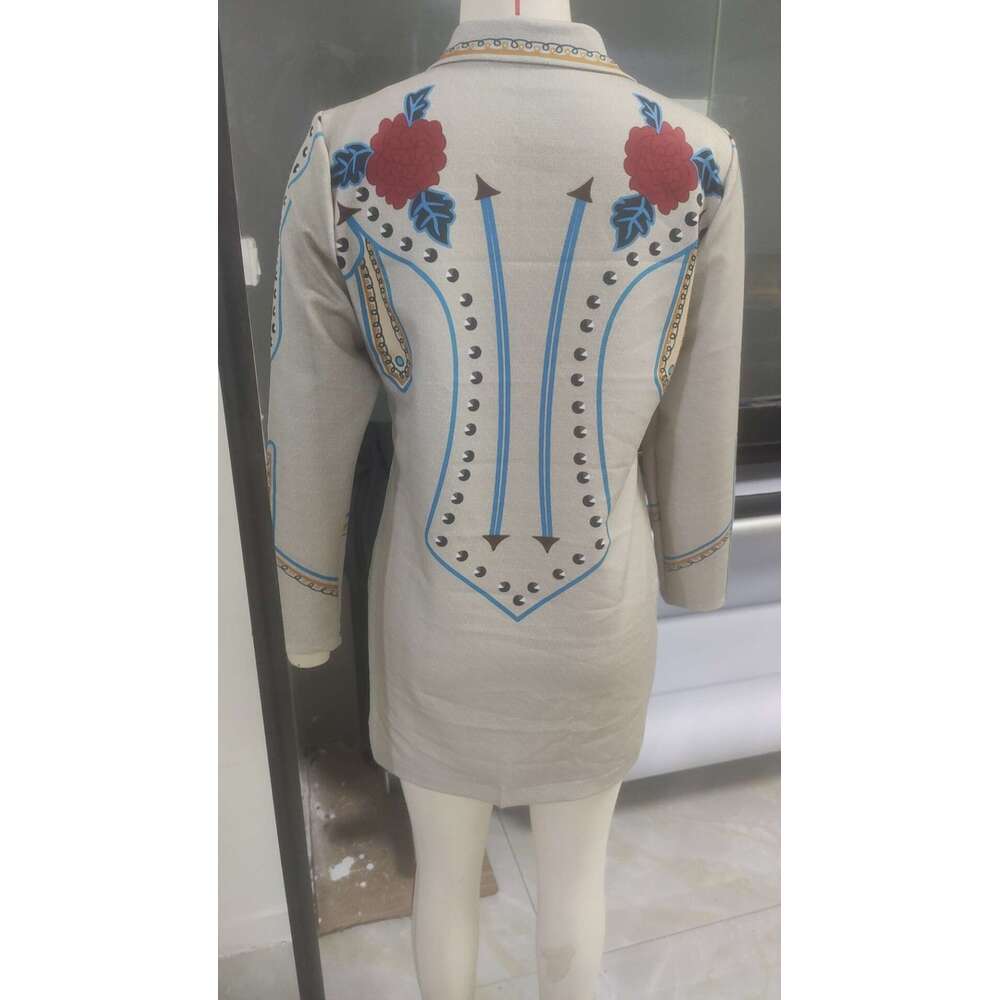 European and American women's retro printed medium long slim fit top jacket 2024 temperament versatile new trend clothing ins