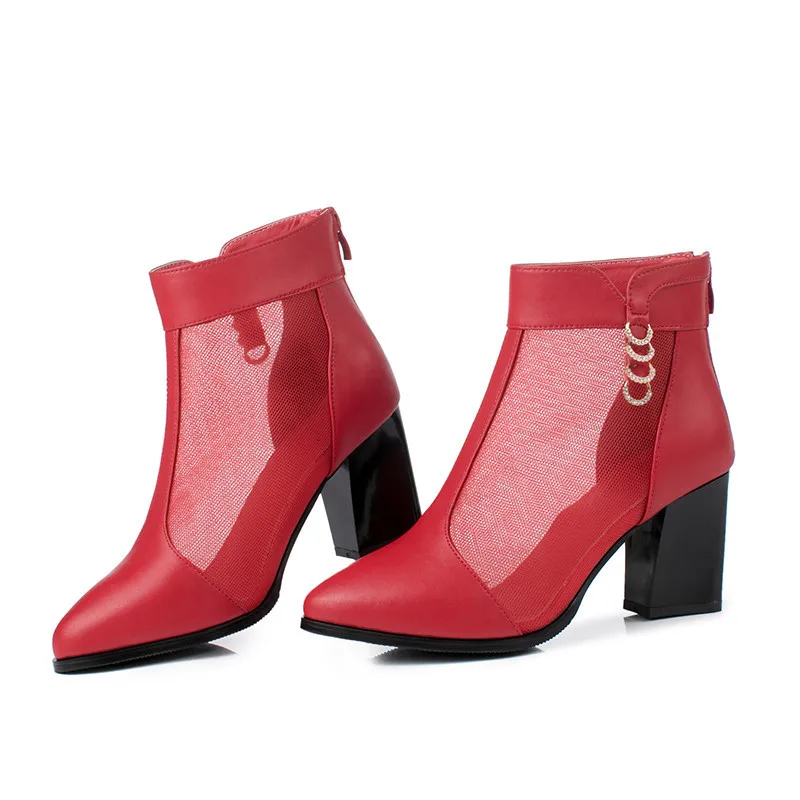 AIYUQI Women Summer Boots Women Mesh Boots Genuine Leather with Heels Rhinestone Fashion Hollow Mesh Wedding Shoes