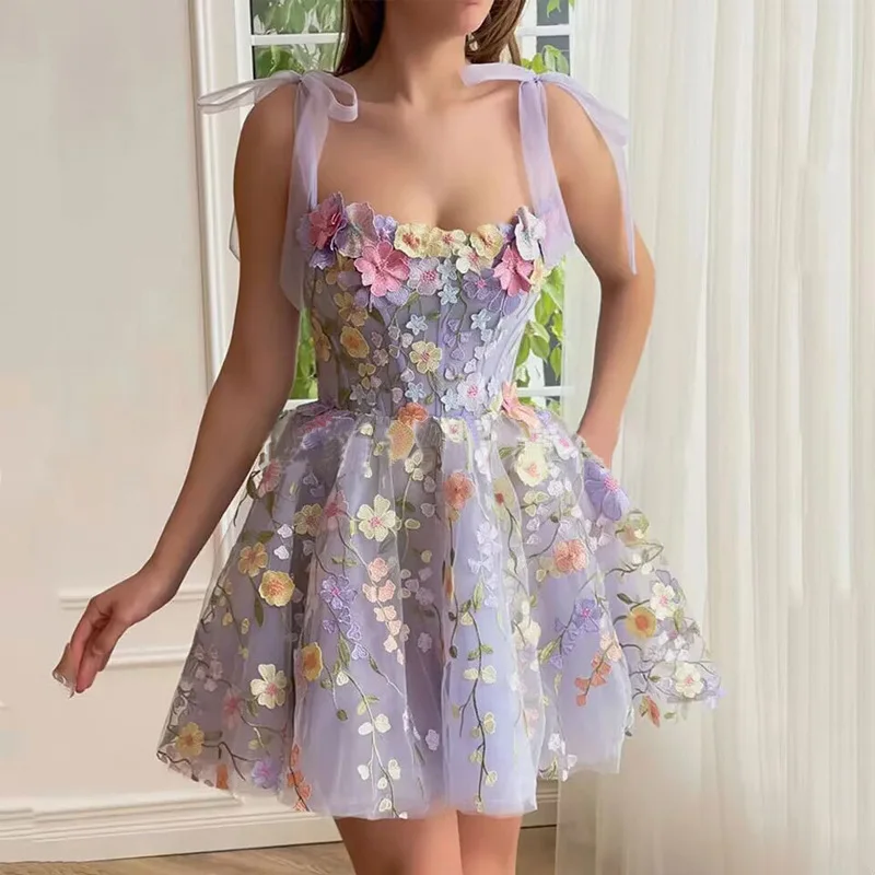 Basic Casual Dresses Designers Evening Prom Holiday Dress For Women Formal Occasions 3D Flower Embroidery Straps Bow Sexy Tulle Lace Vest