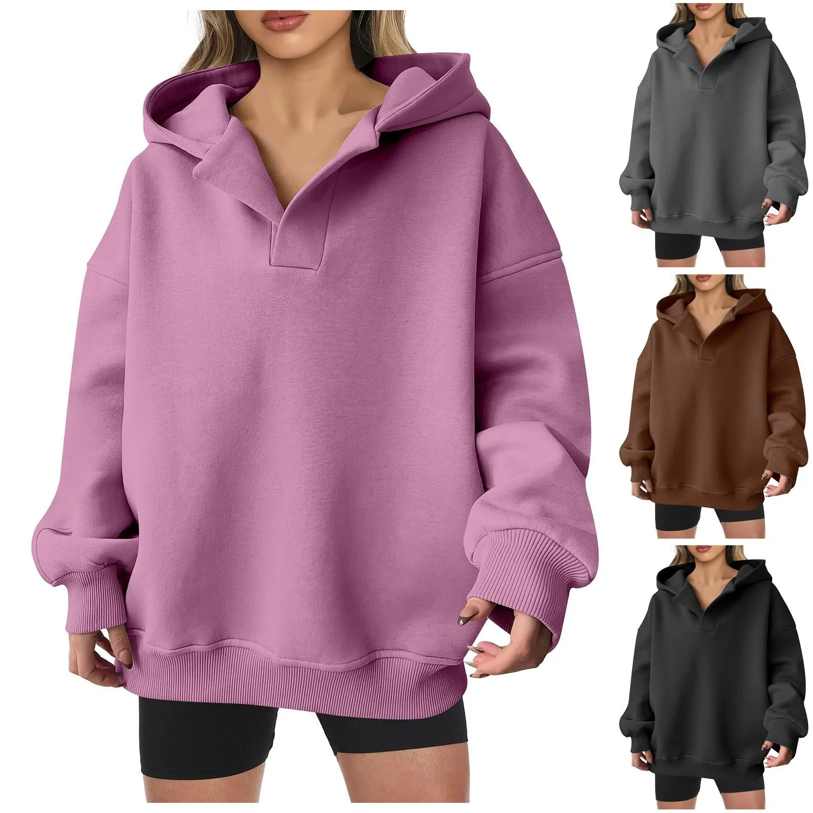 Womens Vneck oversized hooded sweatshirt with pockets classic wool lining womens plain weave 241206