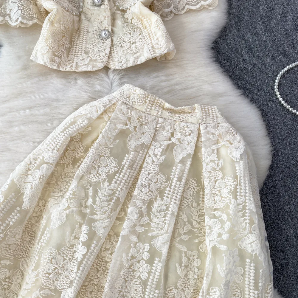 Two Piece Dress 2025 Designer Summer Holiday Flower Embroidery Lace Two Piece Women Sets Pearls Button Jacket Tops Midi Long Skir