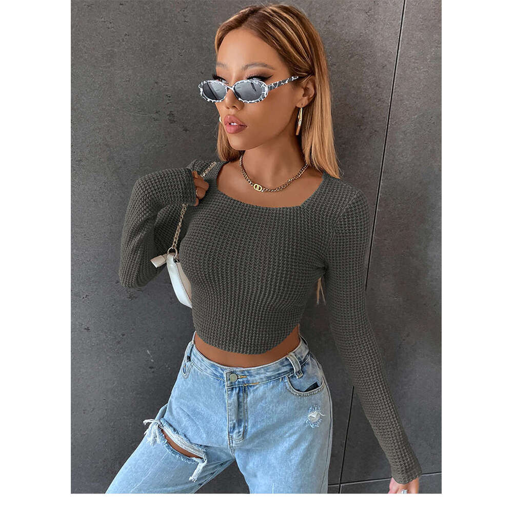 Spring/Summer European and American Women's Tight Sexy Zipper Knitted Shirt Short Wide Collar Long Sleeve T-shirt 2024 Versatile New Trendy Cloth