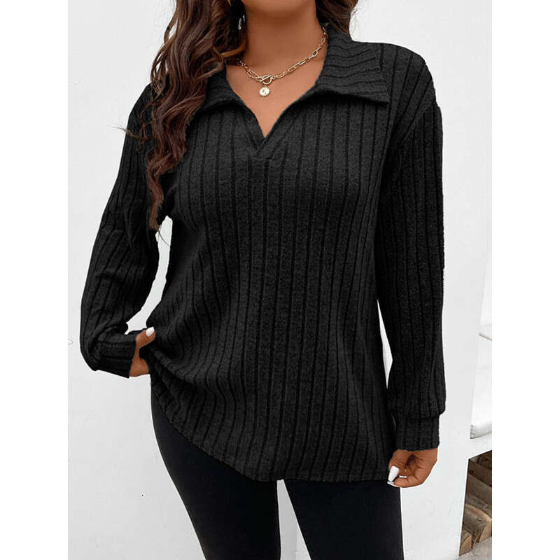 autumn and winter solid color plus size women's top V-neck long sleeved pit stripe brushed T-shirt loose 2024 temperament versatile new trendy cl