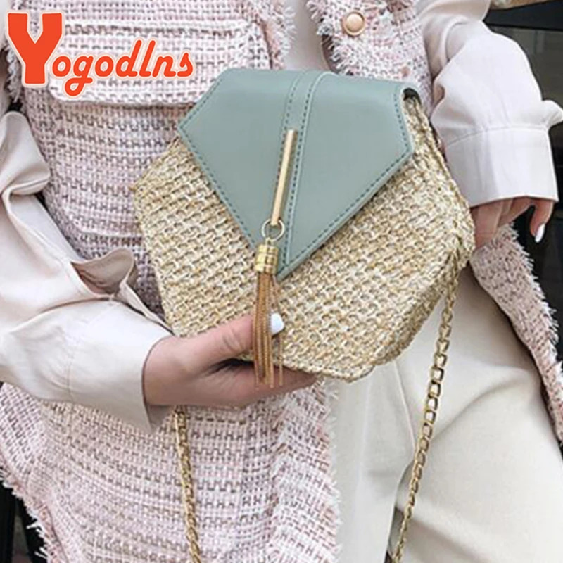 Yogodlns Hexagon Straw Shoulder Bag Women Summer Rattan Handmade Woven Beach Bohemia bolsa feminina chain Crossbody bag 241203